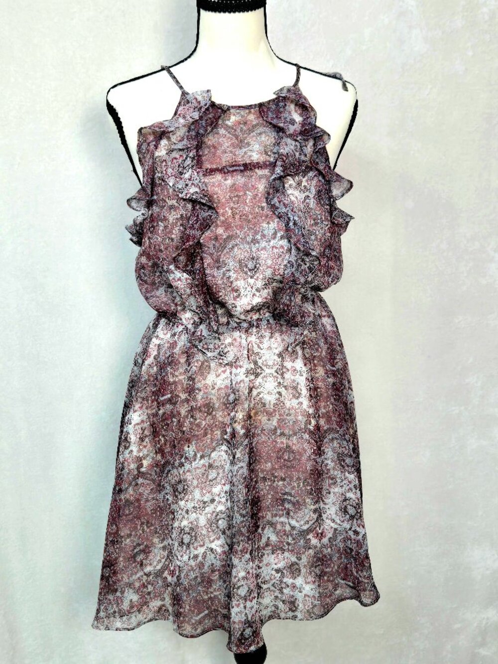 BCBGeneration Mini Dress‎ Paisley Halter Ruffle Front Mauve Small Coquette Boho